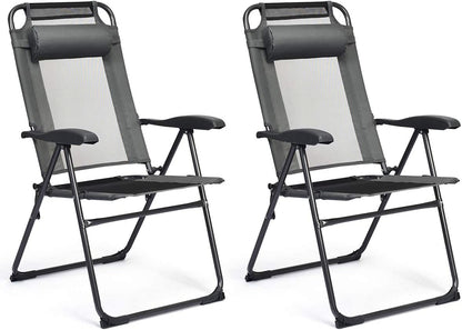 Set of 2 Patio Dining Chairs, Folding Lounge Chairs with 7 Level Adjustable Backrest, Headrest, 300 Lbs Capacity, Outdoor Portable Chairs with Metal Frame (2, Gray)