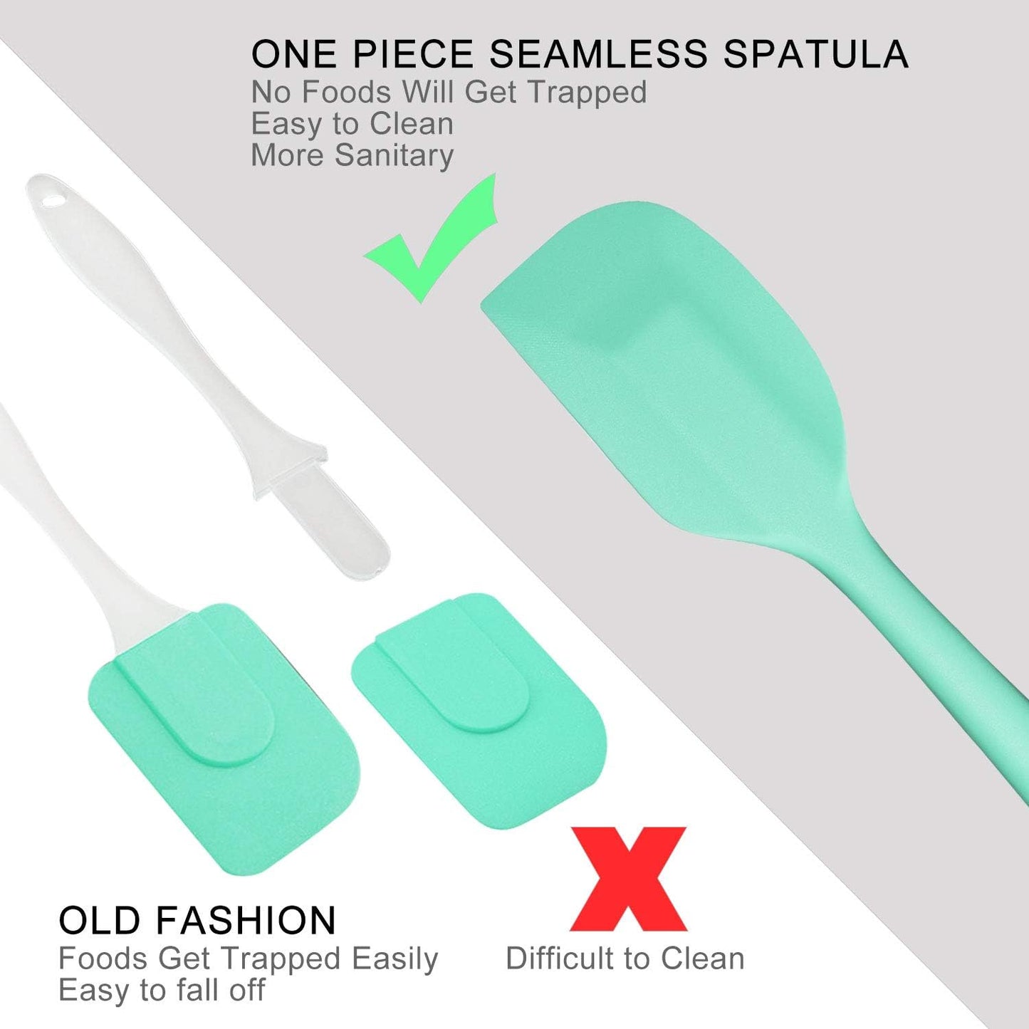 Silicone Spatula Set,  Heat-Resistant Spatula - One Piece Seamless Design, Non-Stick Silicone with Reinforced Stainless Steel Core (6 Piece Set, Mint Green)