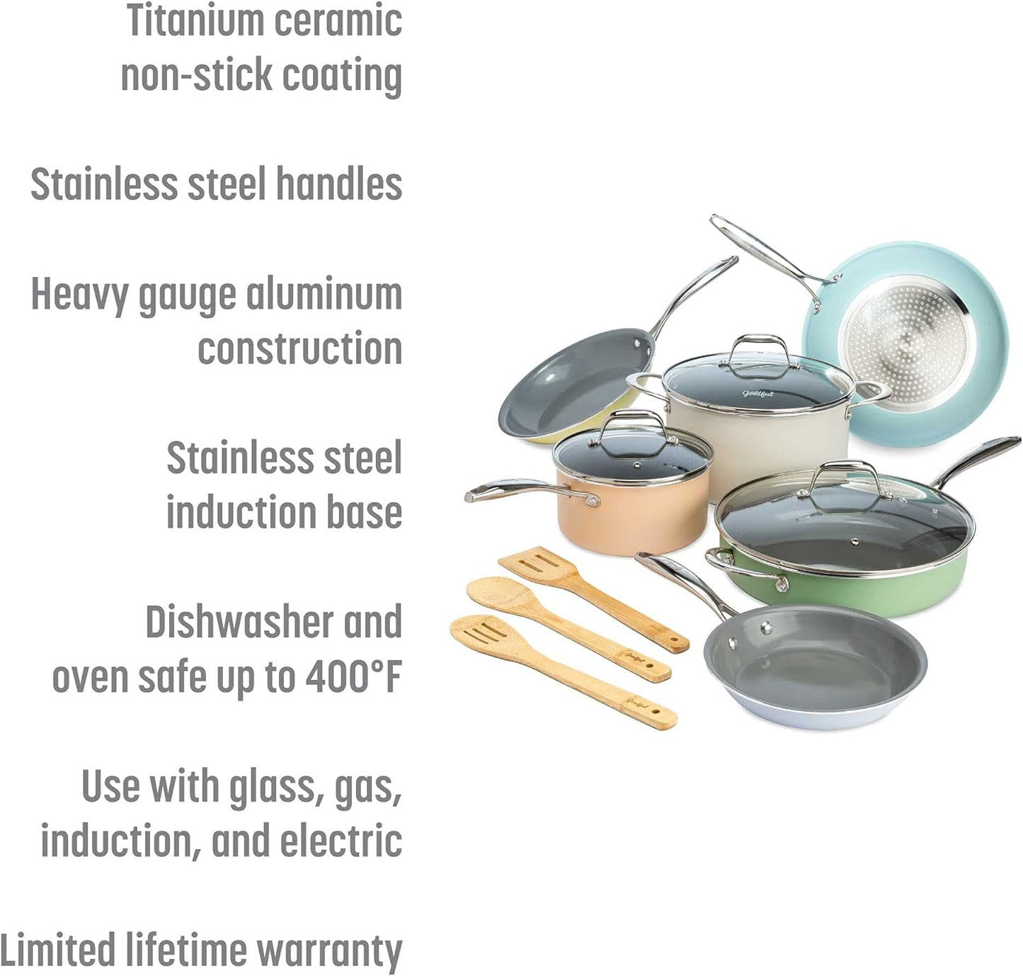 Ceramic Nonstick Pots and Pans Set, Titanium-Reinforced Premium Nonstick Coating, Dishwasher Safe Pots and Pans, Tempered Glass Steam Vented Lids, Stainless Steel Handles, 12-Piece, Mulitcolor