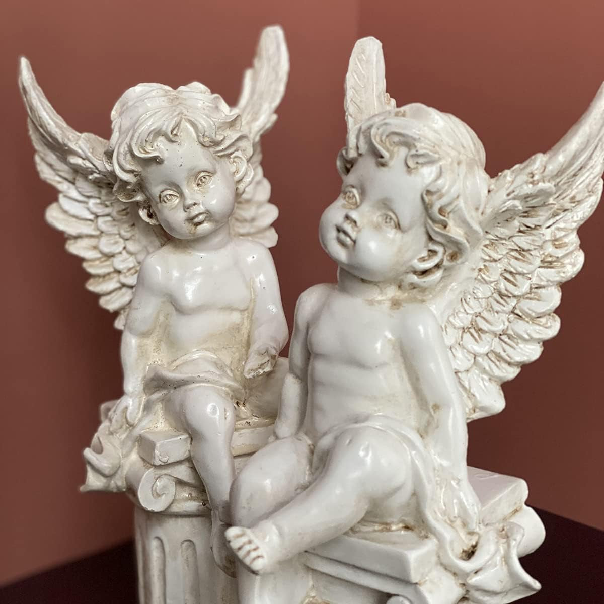 Set of 2 Cherub Angels on Roman Pillar Garden Statue Greek Column Angel Figurine Sculpture Indoor Outdoor Home Garden Decoration Antique Resin 9.8"