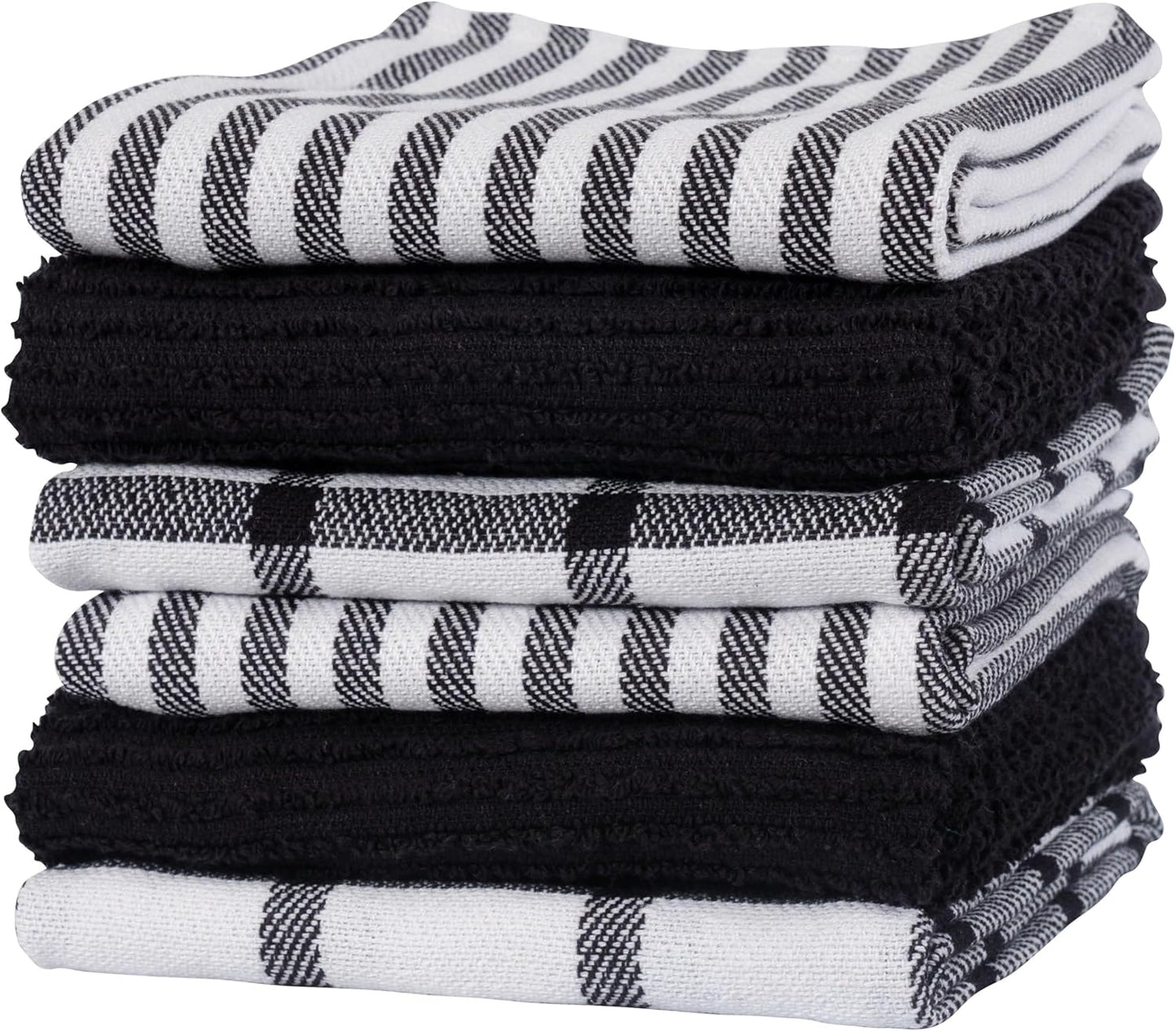 Premium Kitchen Towels (18" X 28"), Large 100% Cotton, Flat & Terry Absorbent Dish Towel Set (Black, 6 Pack)