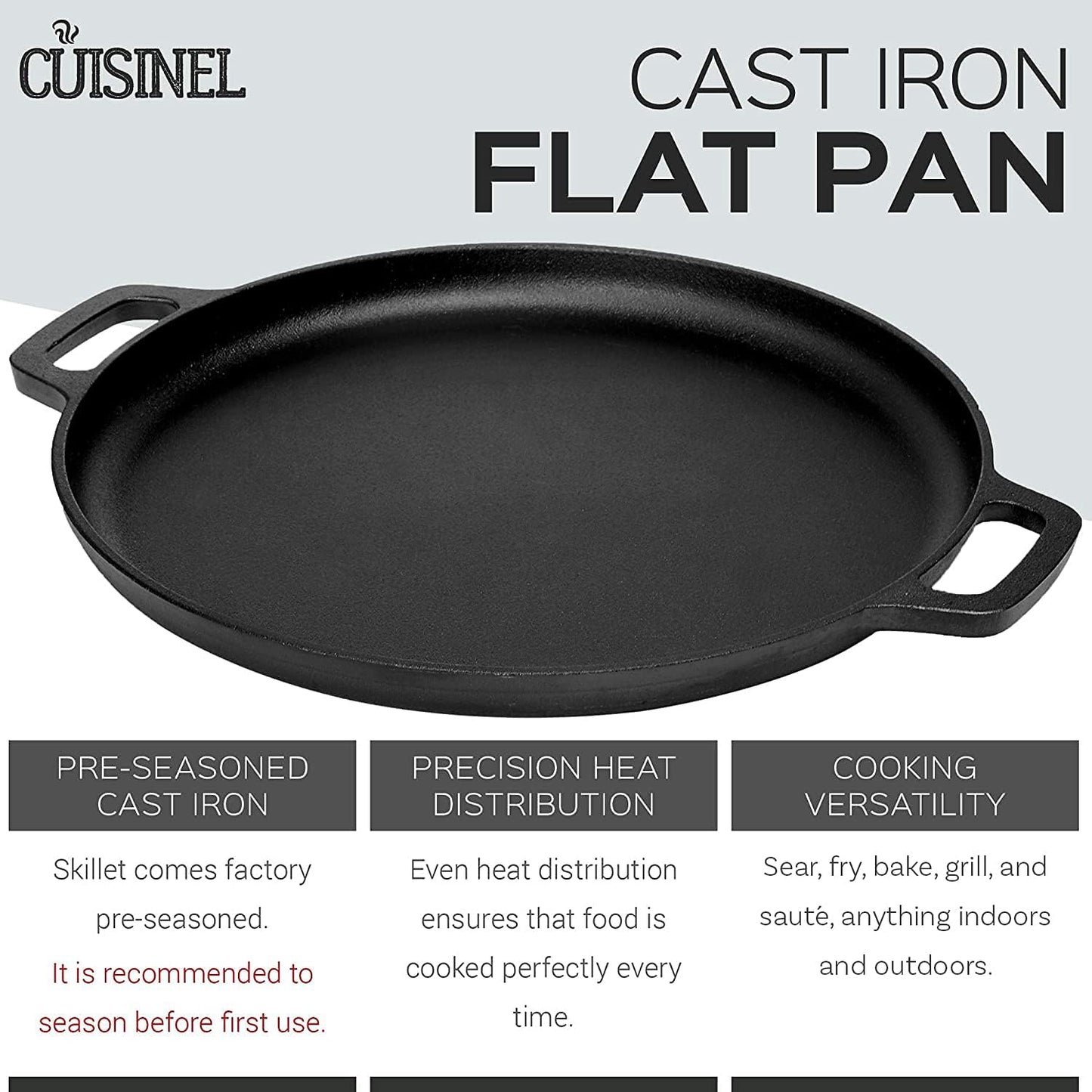 Pre-Seasoned Cast Iron Pizza and Baking Pan (13.5 Inch) Natural Finish, Enhanced Heat Retention and Dispersion - Stove, Oven, Grill or Campfire