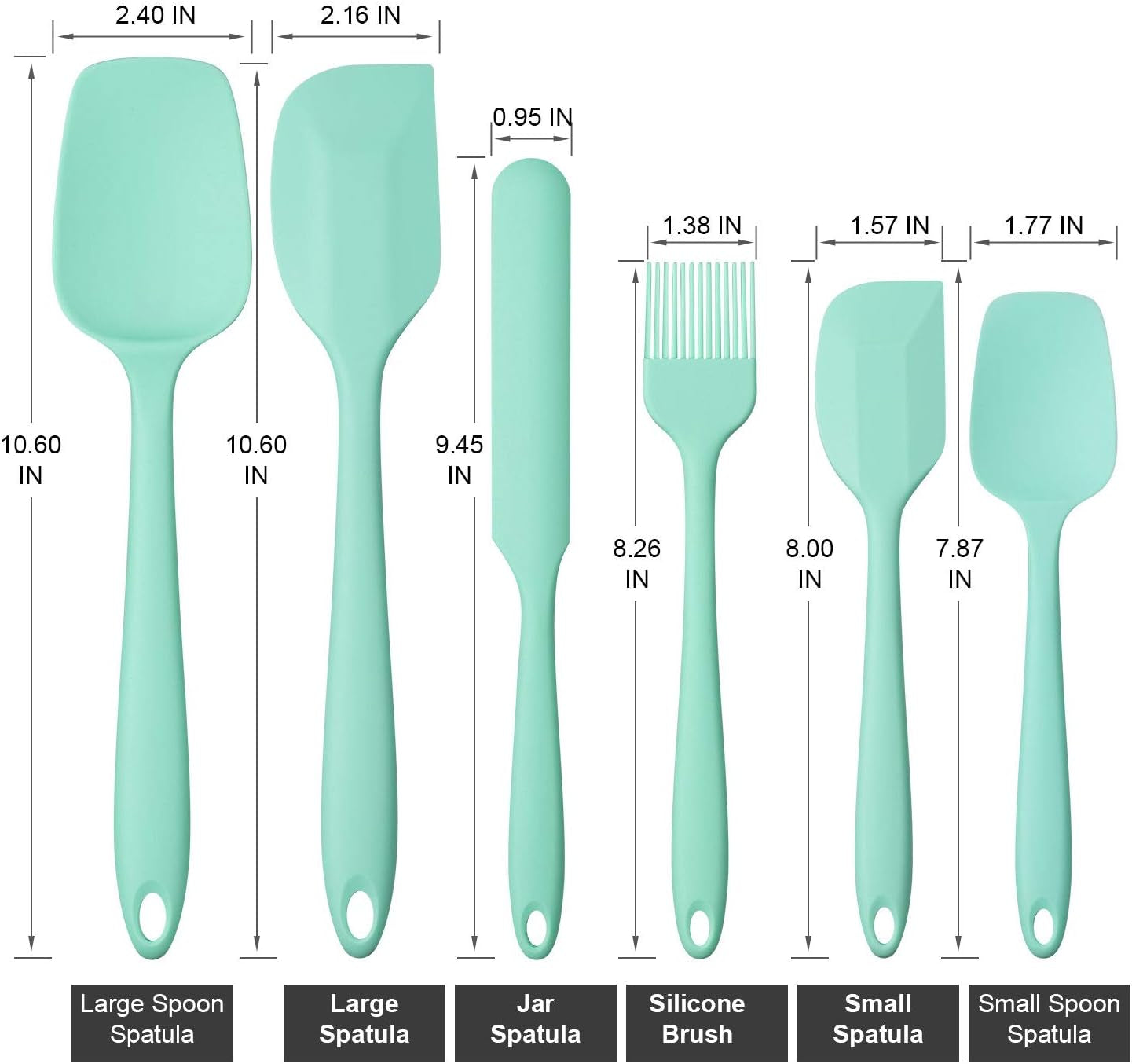 Silicone Spatula Set,  Heat-Resistant Spatula - One Piece Seamless Design, Non-Stick Silicone with Reinforced Stainless Steel Core (6 Piece Set, Mint Green)