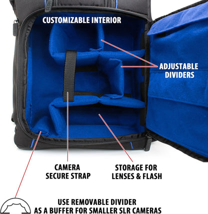 DSLR Camera Backpack Case - 15.6 Inch Laptop Compartment, Padded Custom Dividers, Tripod Holder, Rain Cover, Long-Lasting Durability and Storage Pockets - Compatible with Many Dslrs (Blue)