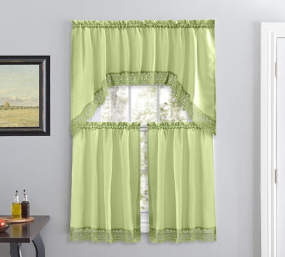 Café Curtains for Kitchen, Bathroom Curtains with Valance, Embroidered Lace Border. (Green)