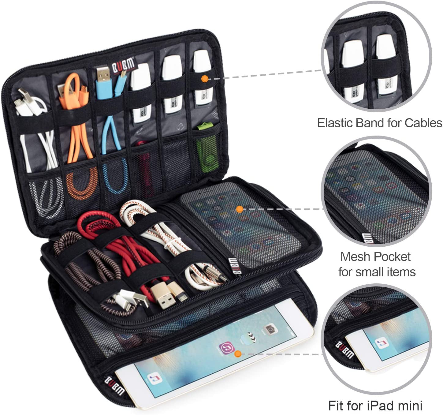 Double Layer Electronic Accessories Organizer, Travel Gadget Bag for Cables, USB Flash Drive, Plug and More, Perfect Size Fits for Ipad Mini (Medium, Black)