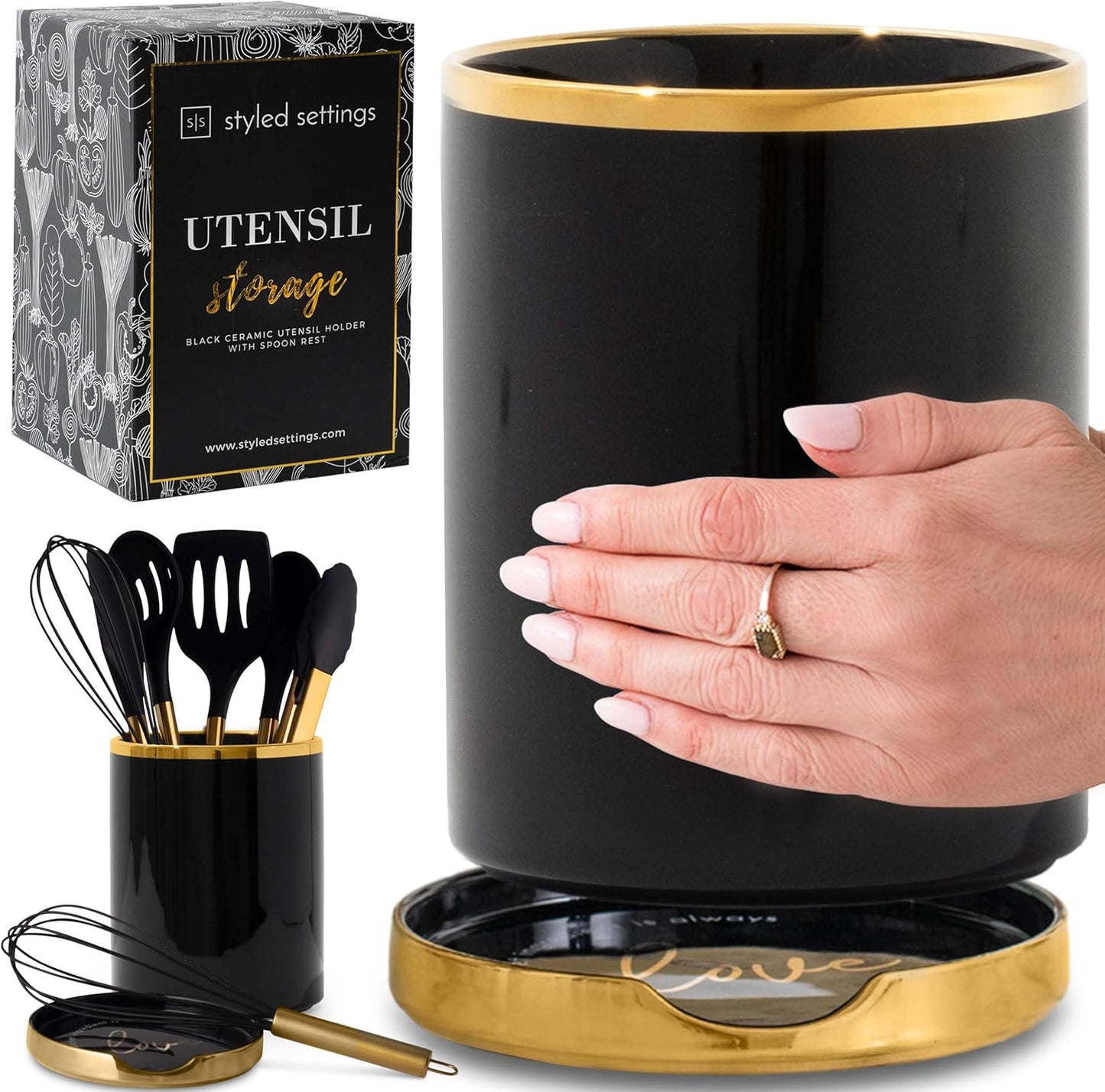 Black and Gold Utensil Holder with Built-In Spoon Rest - 2 PC Large Ceramic Utensil Holder Includes Black & Gold Spoon Rest - Luxury Kitchen Accessories - Utensils Not Included