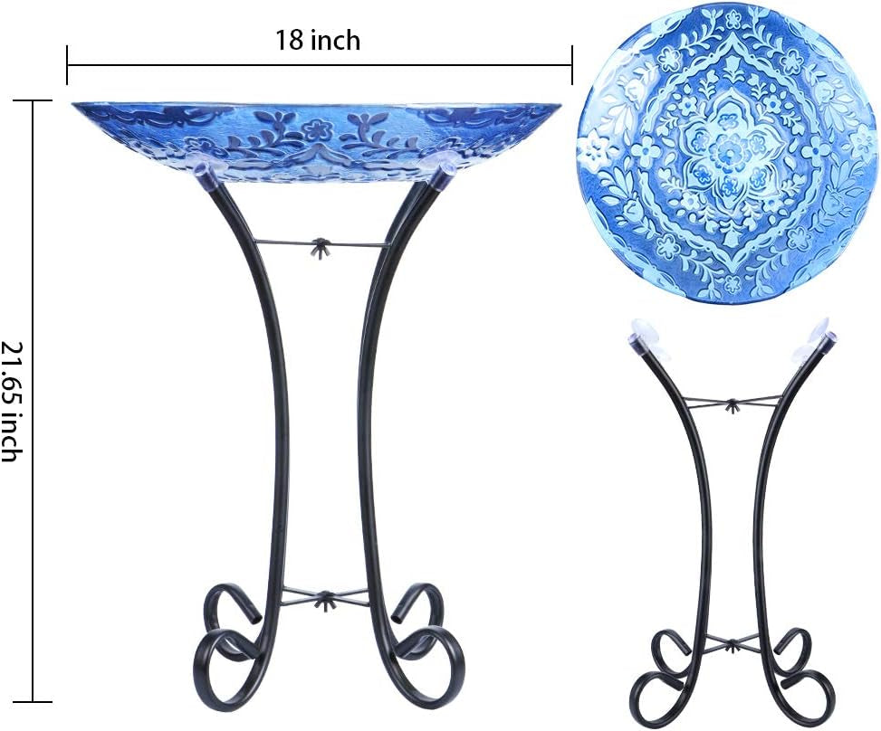 Outdoor Glass Birdbath with Metal Stand for Lawn Yard Garden Decor,18” Dia/21.65 Height