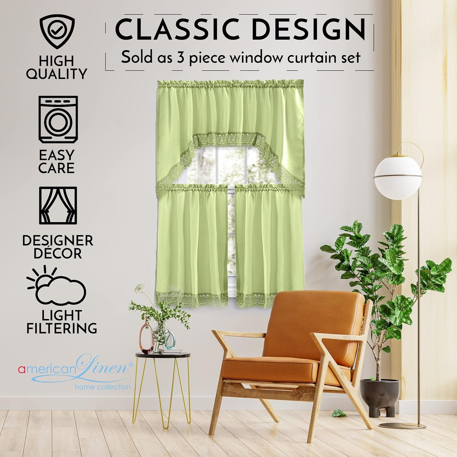 Café Curtains for Kitchen, Bathroom Curtains with Valance, Embroidered Lace Border. (Green)