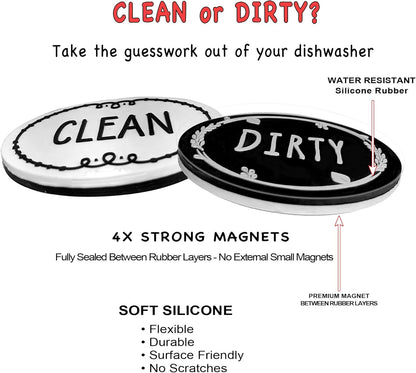 Circle Black & White Silicone Dishwasher Magnet Clean Dirty Sign, Double Sided Dirty Clean Dishwasher Magnet Indicator, Strong Non-Scratching Magnet, Kitchen Safe, Waterproof, and Decorative Design