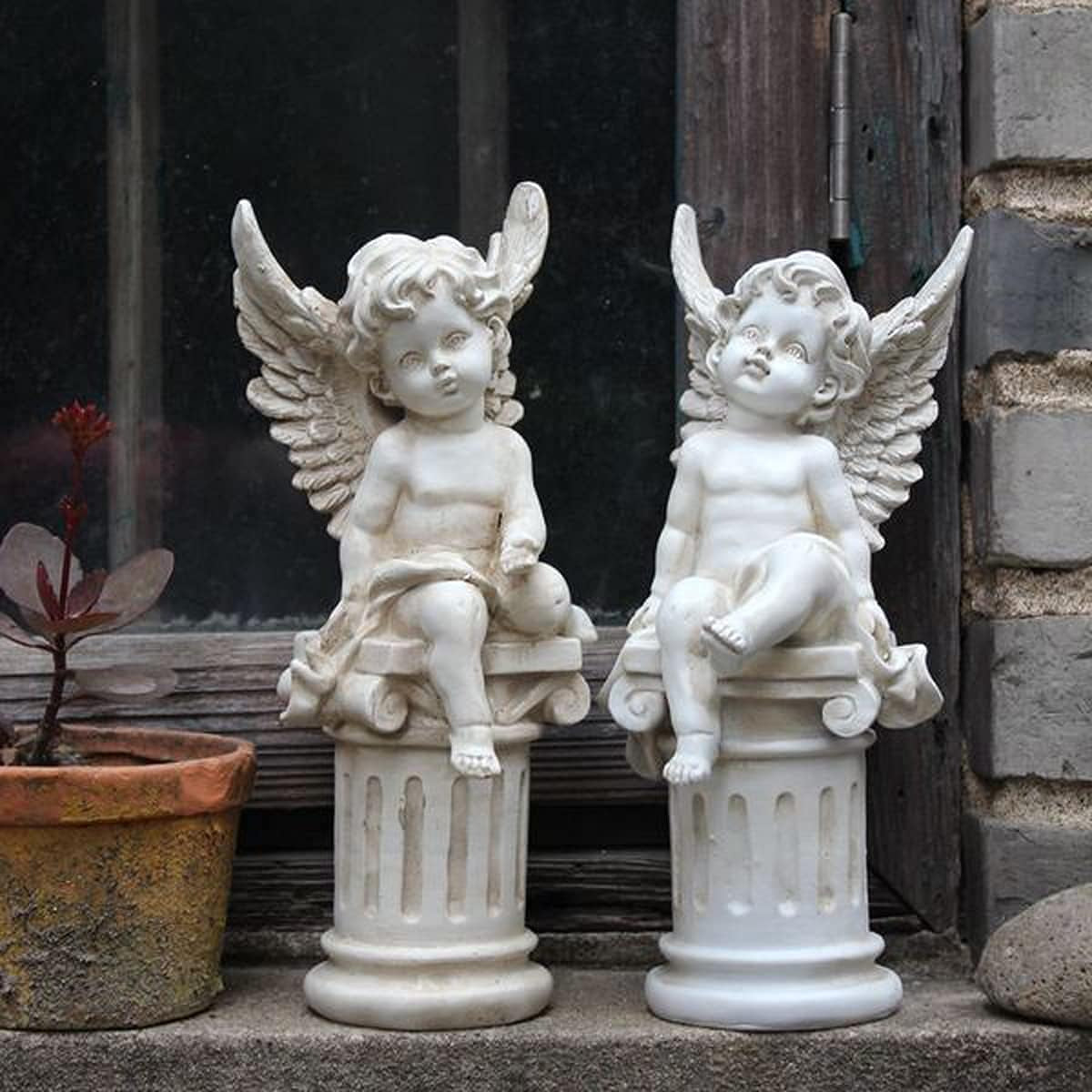 Set of 2 Cherub Angels on Roman Pillar Garden Statue Greek Column Angel Figurine Sculpture Indoor Outdoor Home Garden Decoration Antique Resin 9.8"