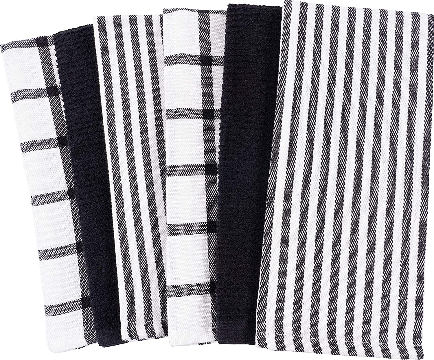 Premium Kitchen Towels (18" X 28"), Large 100% Cotton, Flat & Terry Absorbent Dish Towel Set (Black, 6 Pack)