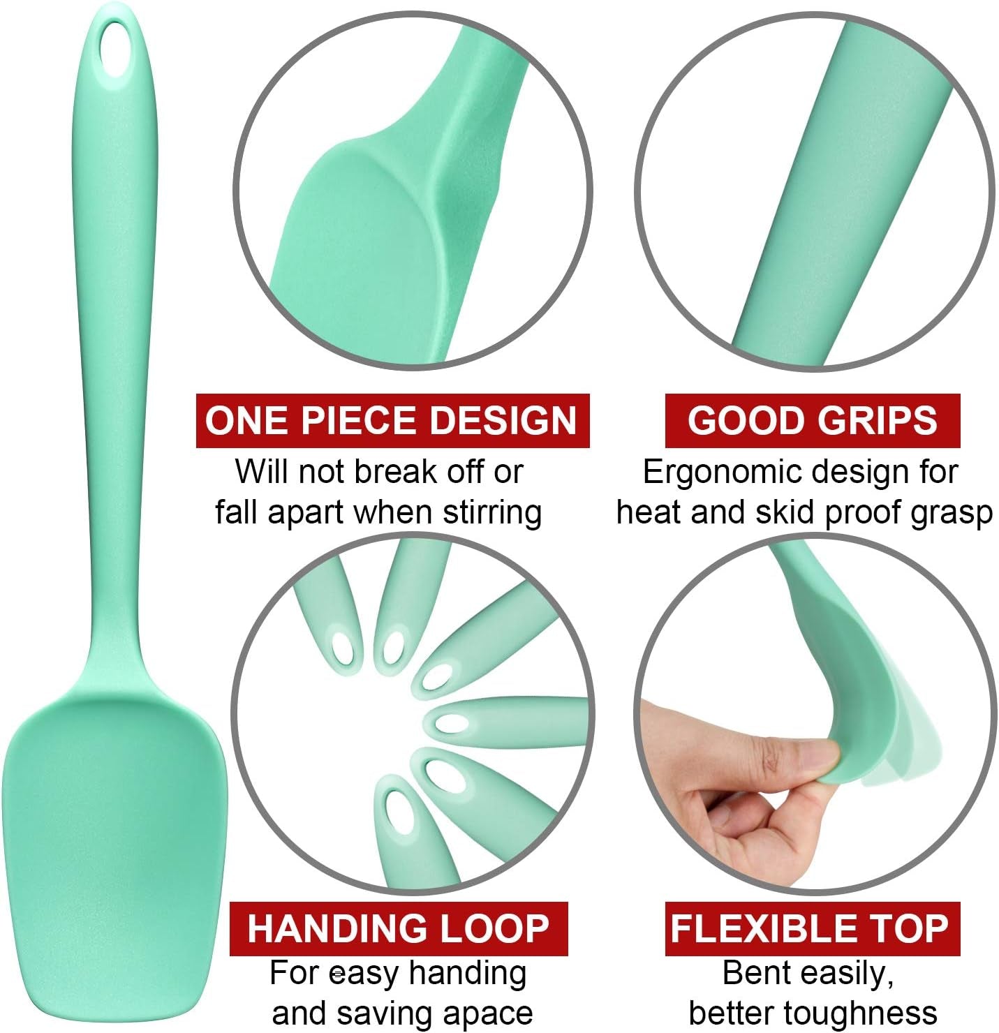 Silicone Spatula Set,  Heat-Resistant Spatula - One Piece Seamless Design, Non-Stick Silicone with Reinforced Stainless Steel Core (6 Piece Set, Mint Green)