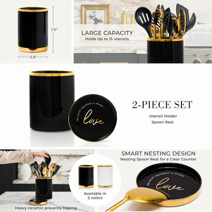 Black and Gold Utensil Holder with Built-In Spoon Rest - 2 PC Large Ceramic Utensil Holder Includes Black & Gold Spoon Rest - Luxury Kitchen Accessories - Utensils Not Included