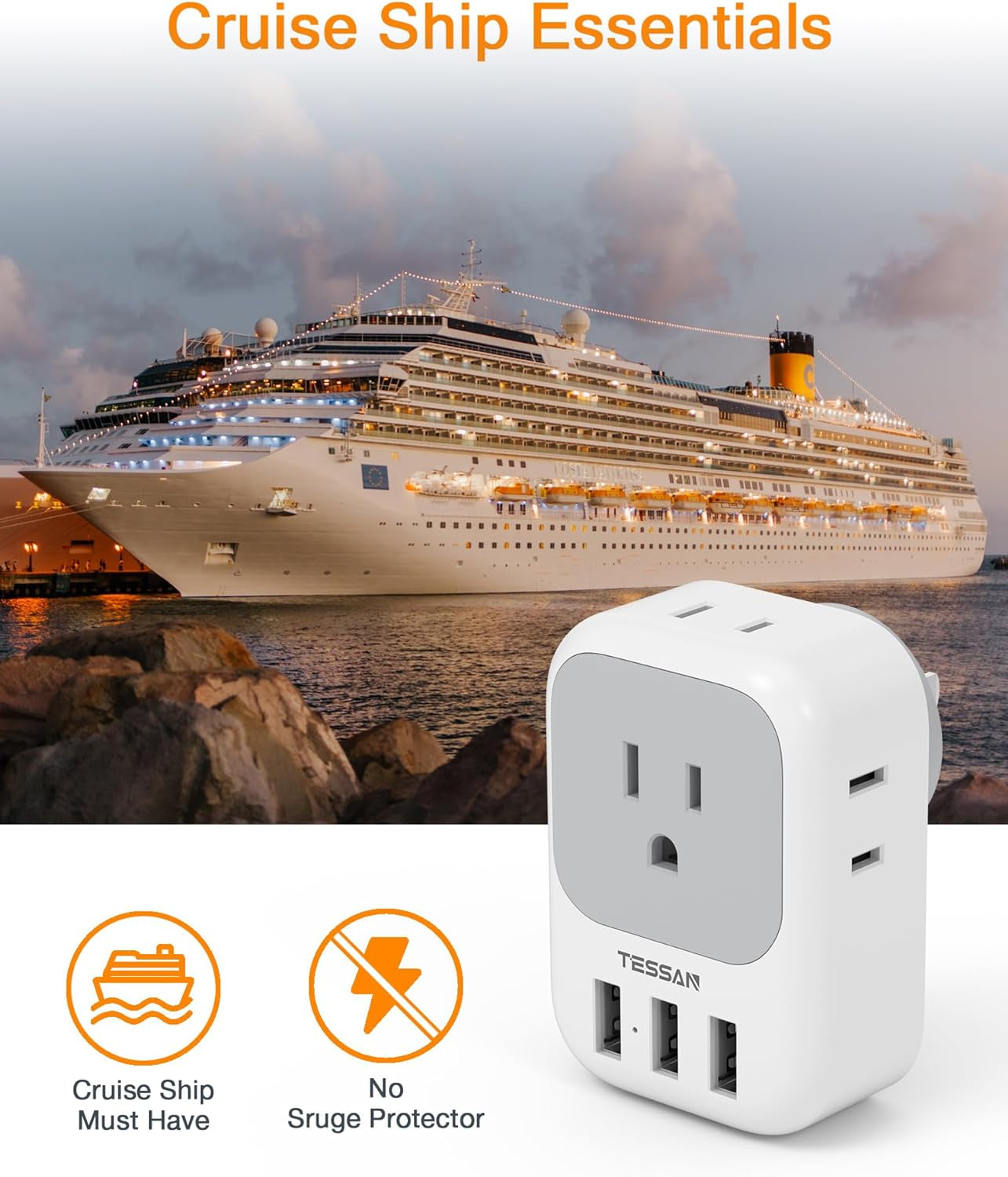 USB Charger Block,  Wall Plug Adapter with Electrical 4 Box Splitter 3 USB Wall Charger Ports, Multi Plug Outlet Extender Charging for Cruise, Travel, Office, Dorm Essentials