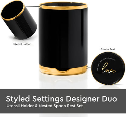 Black and Gold Utensil Holder with Built-In Spoon Rest - 2 PC Large Ceramic Utensil Holder Includes Black & Gold Spoon Rest - Luxury Kitchen Accessories - Utensils Not Included