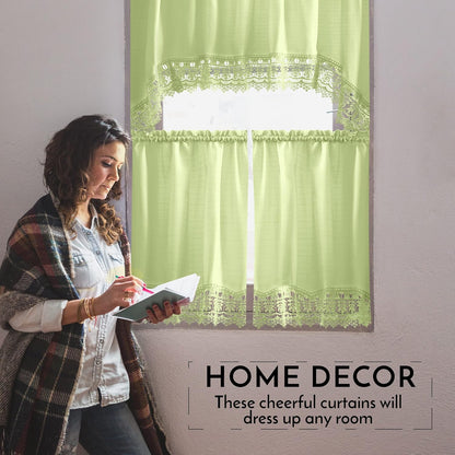 Café Curtains for Kitchen, Bathroom Curtains with Valance, Embroidered Lace Border. (Green)