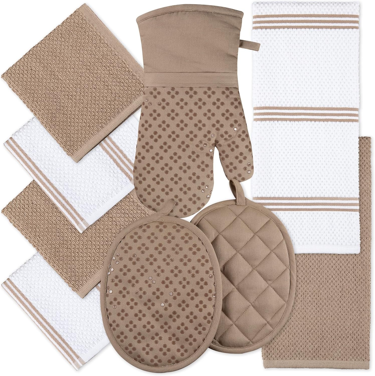 Kitchen Towels Dishcloths Oven Mitts and Pot Holders Set of 9, Oeko-Tex 100% Cotton Terry Dish Towels & Dish Cloths, Non-Slip Silicone, Tan