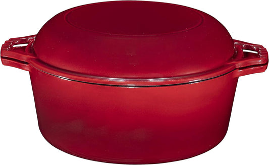 2-In-1 Enameled Cast Iron Dutch Oven Pot with Handles - 7 Quart Cast Iron Skillet Lid - Oval Dutch Oven for Bread Baking, Braising, Stews and Casserole Dishes - Durable Cookware - Red