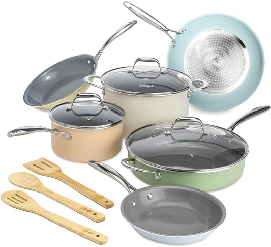 Ceramic Nonstick Pots and Pans Set, Titanium-Reinforced Premium Nonstick Coating, Dishwasher Safe Pots and Pans, Tempered Glass Steam Vented Lids, Stainless Steel Handles, 12-Piece, Mulitcolor