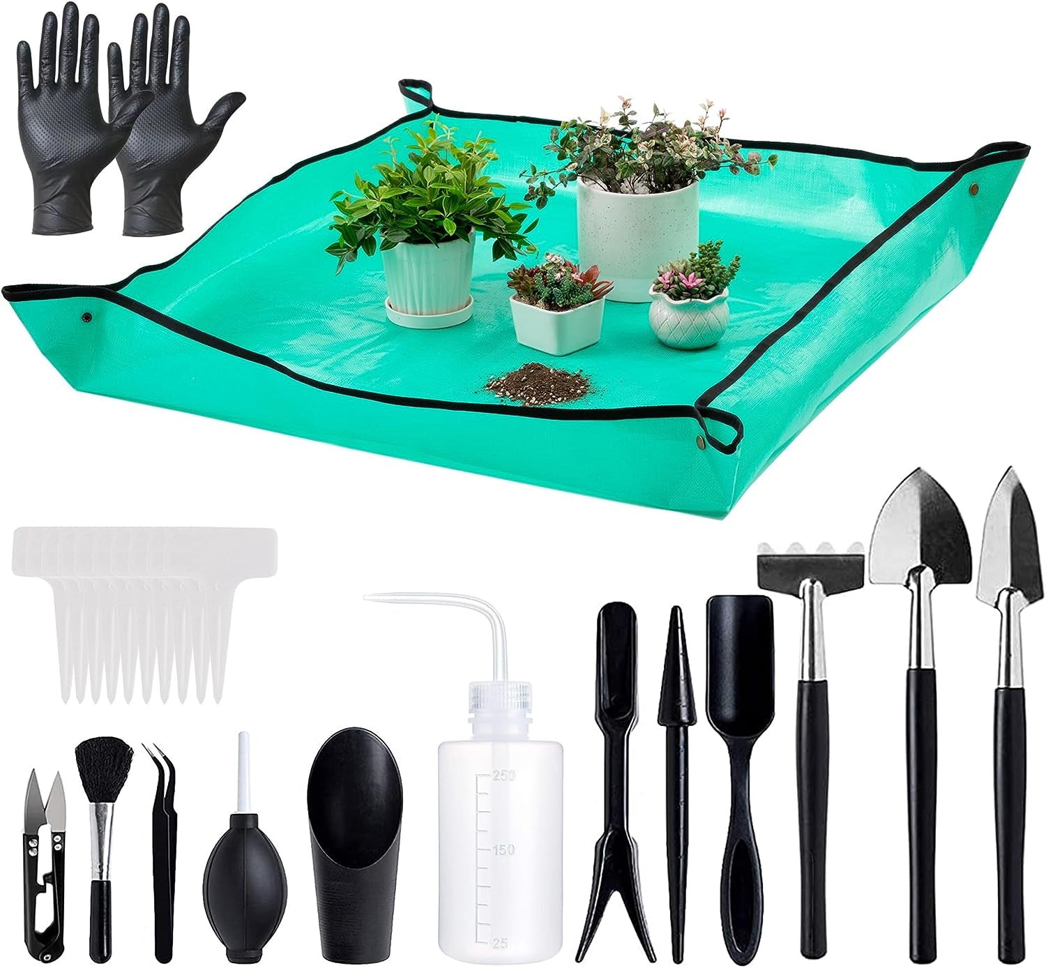 25Pcs Mini Garden Hand Transplanting Succulent Tools Set, 39.4" Thickened Repotting Mat & Plant Tag, Miniature Planting Indoor Fairy Care, Potting, Cactus, Houseplant Bonsai Tool Kit (Black)