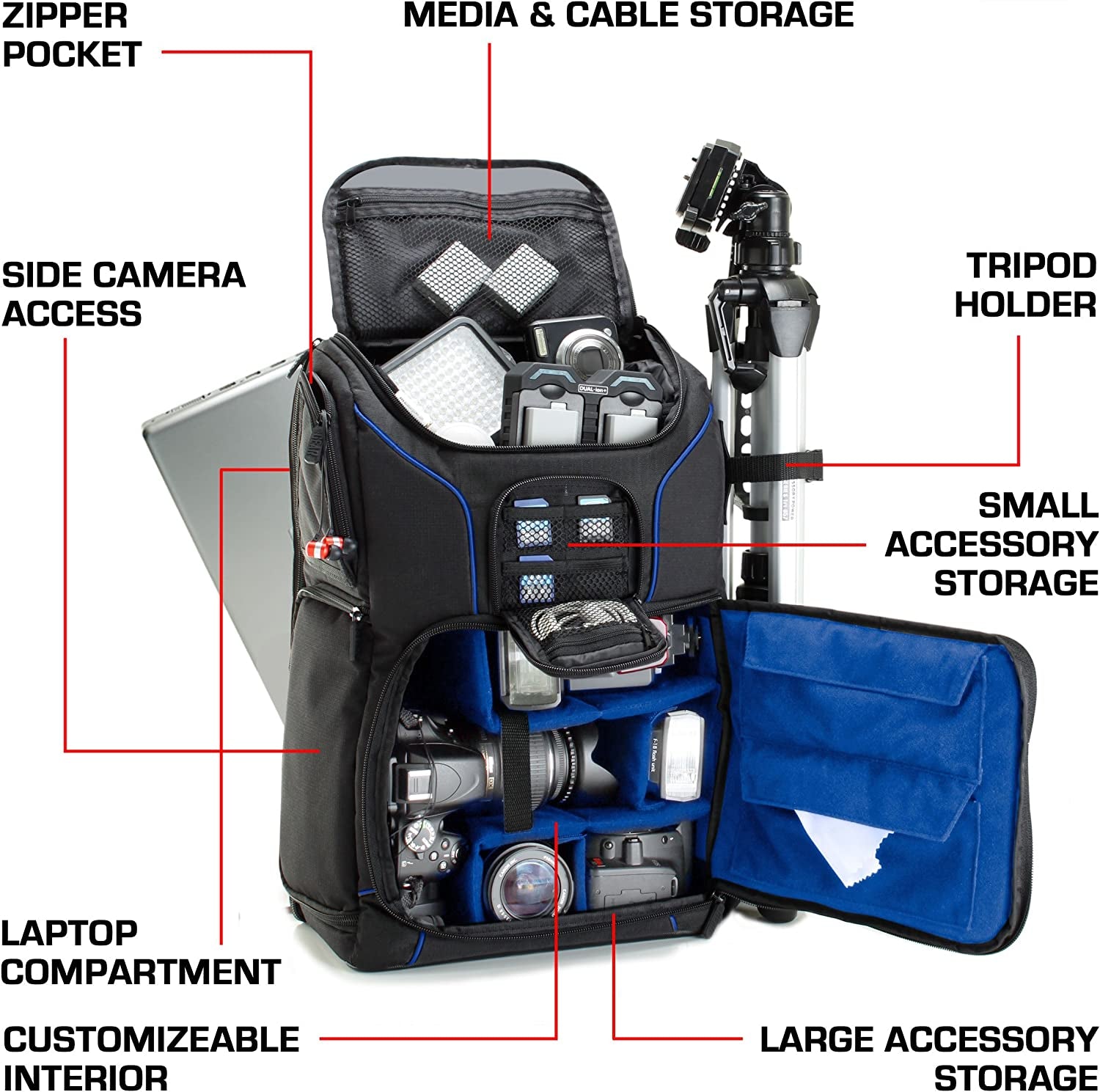 DSLR Camera Backpack Case - 15.6 Inch Laptop Compartment, Padded Custom Dividers, Tripod Holder, Rain Cover, Long-Lasting Durability and Storage Pockets - Compatible with Many Dslrs (Blue)