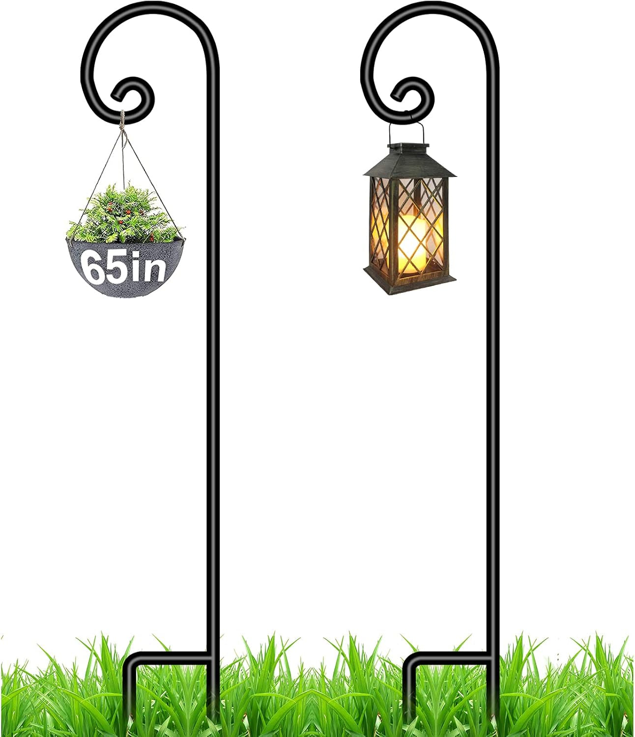 2 Pack Shepherd Hook 65 Inch Tall One Piece Structure No Assembly Required 1/2 Inch Solid Metal Heavy Duty Nonhollow Shepards for Outdoor Plants Bird Feeders Pole Lanterns Garden SH651