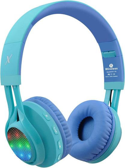 WT-7S Kids Bluetooth Headphones, LED Light up Wireless Foldable Stereo Headset with Microphone and Volume Control for Pc/Tablet/Tv/Travel (Blue)