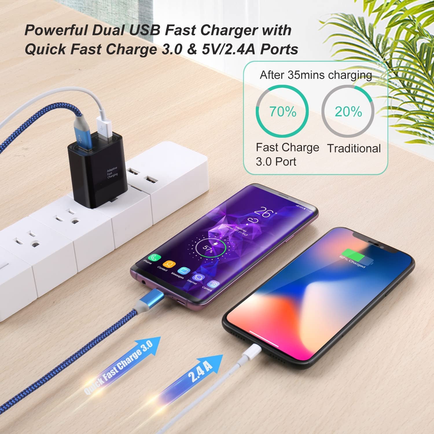 Quick Fast Charge 3.0 USB Wall Charger,  5 Pack 30W Dual USB Power Adapter (Fast Charge 3.0&5V 2.4A) Adaptive Fast Charging Block Compatible Iphone 11 XS XR, Galaxy S10 S9,Note 10-Black