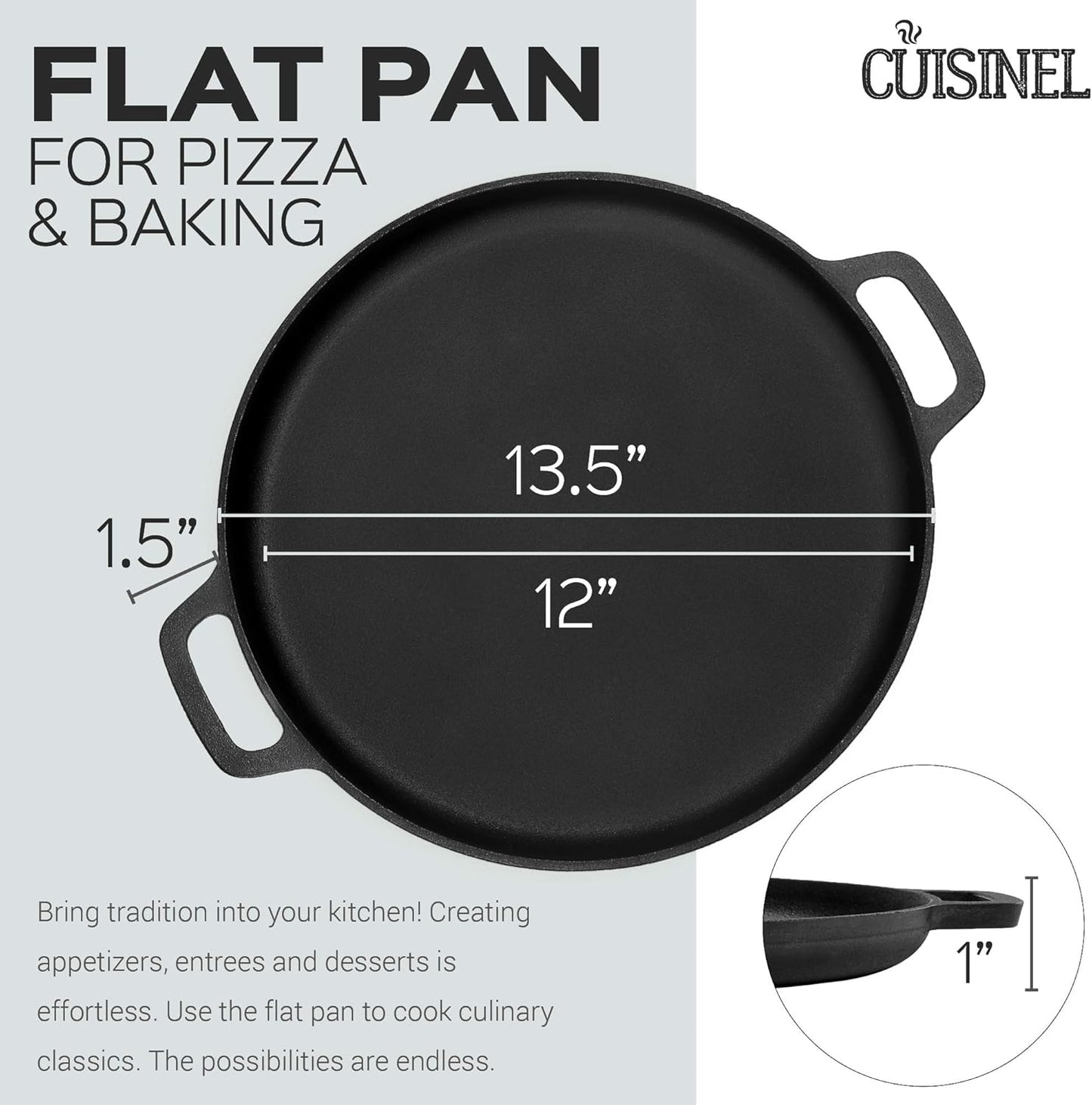 Pre-Seasoned Cast Iron Pizza and Baking Pan (13.5 Inch) Natural Finish, Enhanced Heat Retention and Dispersion - Stove, Oven, Grill or Campfire