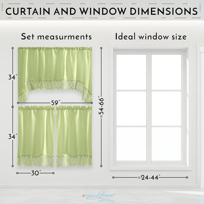 Café Curtains for Kitchen, Bathroom Curtains with Valance, Embroidered Lace Border. (Green)