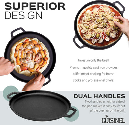 Pre-Seasoned Cast Iron Pizza and Baking Pan (13.5 Inch) Natural Finish, Enhanced Heat Retention and Dispersion - Stove, Oven, Grill or Campfire