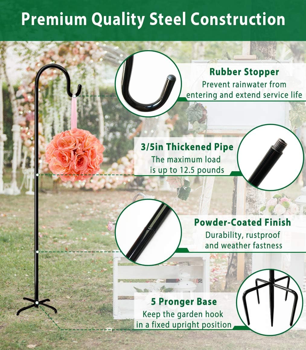 Adjustable Outdoor Shepherd Hook Stand with 5 Prong Base, 76 Inches Tall 3/5 in Thick, Shiny Black (2 Packs)