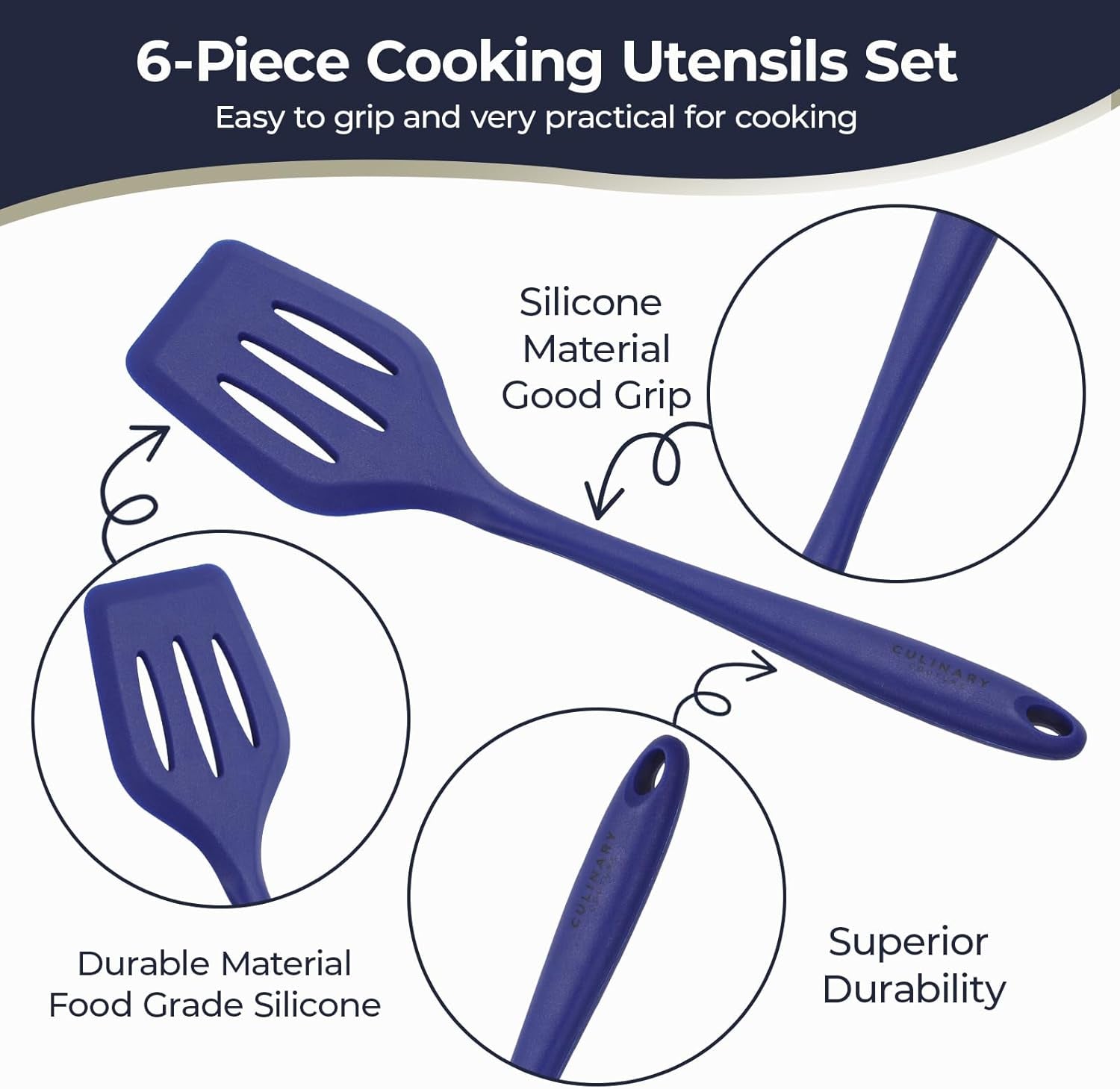 Blue Silicone Kitchen Utensils Set of 6, Non-Stick Heat-Resistant Silicone Kitchen Utensils Set with Steel Inner Core